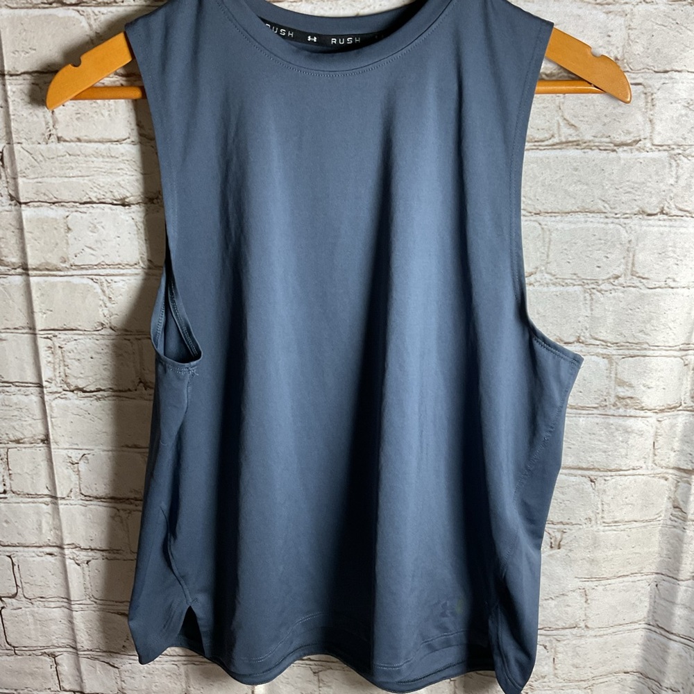Under Armour Rush Women's Sleeveless Blue Gray Tee Tank Top Stretch Loose Fit